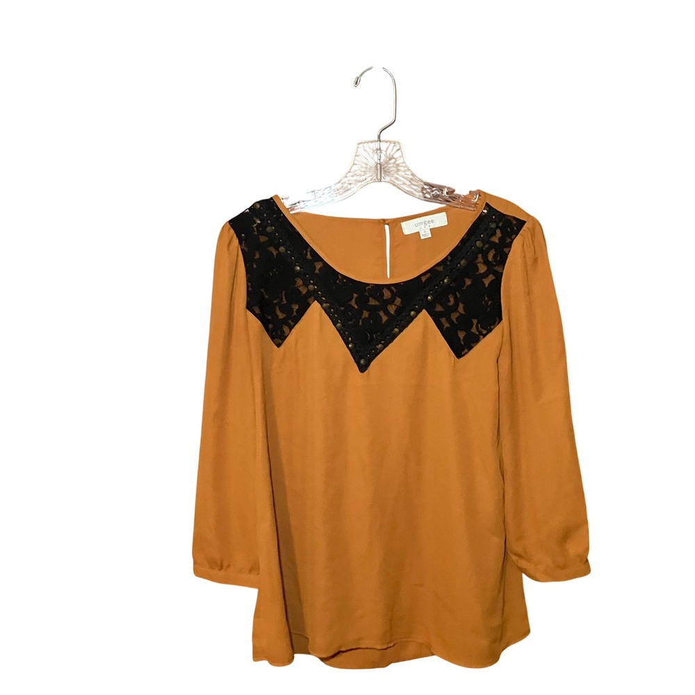 Umgee Blouse Women Small Orange  Lace Studded Boho Tunic 3/4 Sleeve Autumn Fall